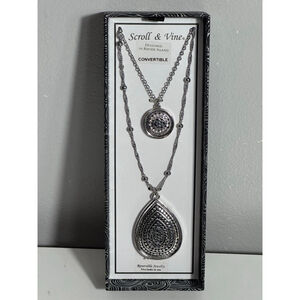 Women's Scroll & Vine Silver Convertible Necklace 2 pendants round and teardrop